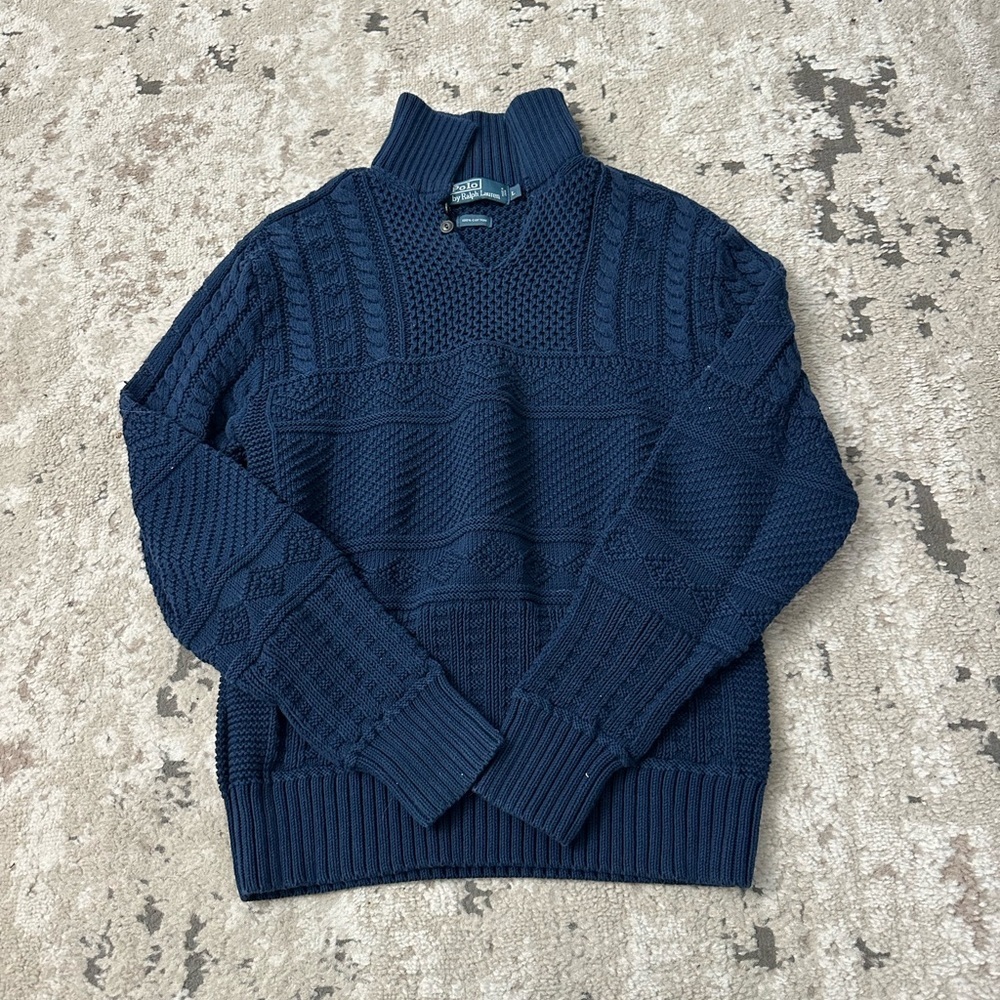 Polo Ralph Lauren Mock Neck Cable Knit Heavy Cotton Sweater Blue Large